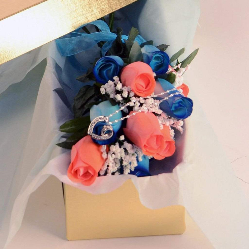 Scented Blue And Coral Mixed Wax Roses Bouquet-Wax Dipped Roses-The Official Website of Jewelry Candles - Find Jewelry In Candles!