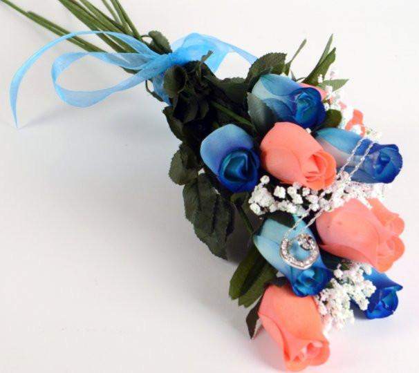 Scented Blue And Coral Mixed Wax Roses Bouquet-Wax Dipped Roses-The Official Website of Jewelry Candles - Find Jewelry In Candles!